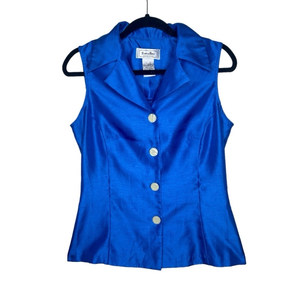 Vintage Borcellini Blue Silky 90’s Fitted Vest Blouse Button Up Size 7/8
